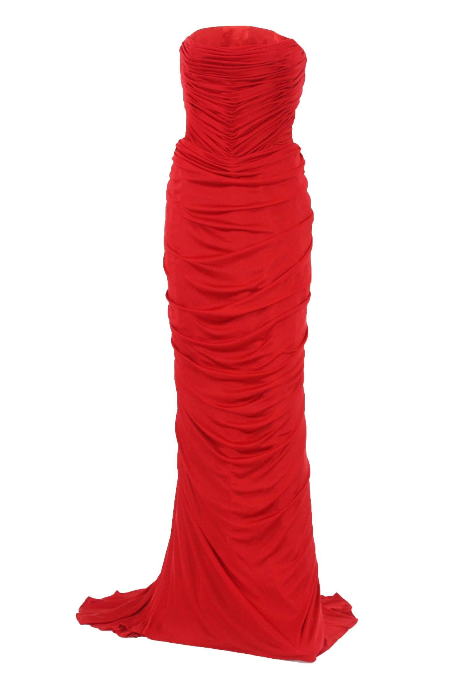 New Gianni Versace Couture 90's Dress Gown
Italian size 40 - US 4
Color - Lipstick Red
Corset, Red Beads Embellishment at Back
Double Satin Lining for Fullness and Style
Back Zip Closure
55% Silk, 29% Acetate, 16% Nylon. 
Made in Italy
New without