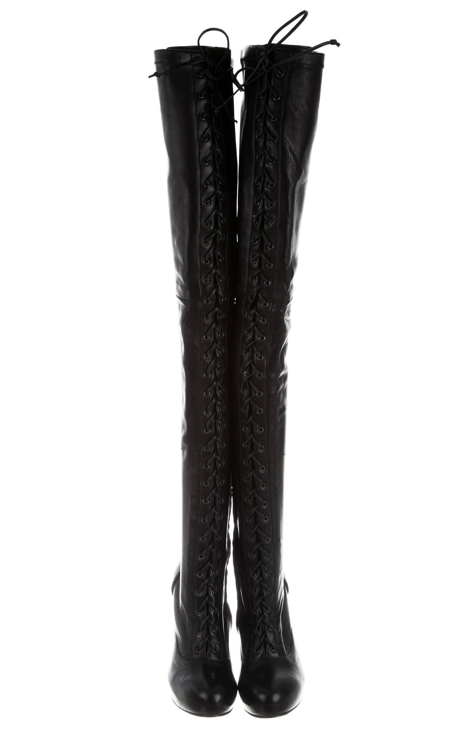 New ETRO Leather Lace-up Thigh-High Platform Black Hell Boots It.39 - US 9 In New Condition In Montgomery, TX