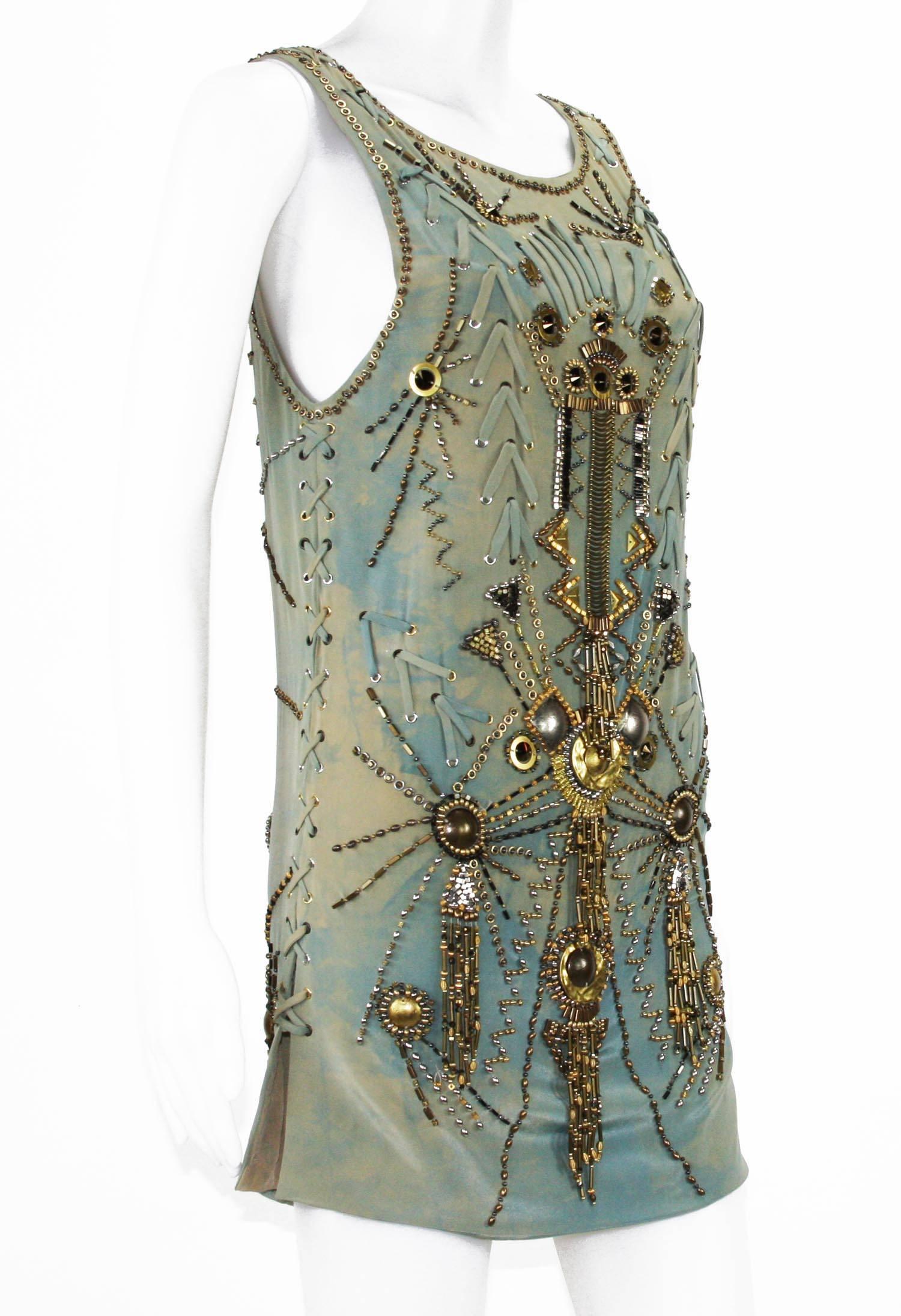 New Versace Sexy Fully Studded Beaded Watercolor Mini Silk Dress It.38 In New Condition In Montgomery, TX