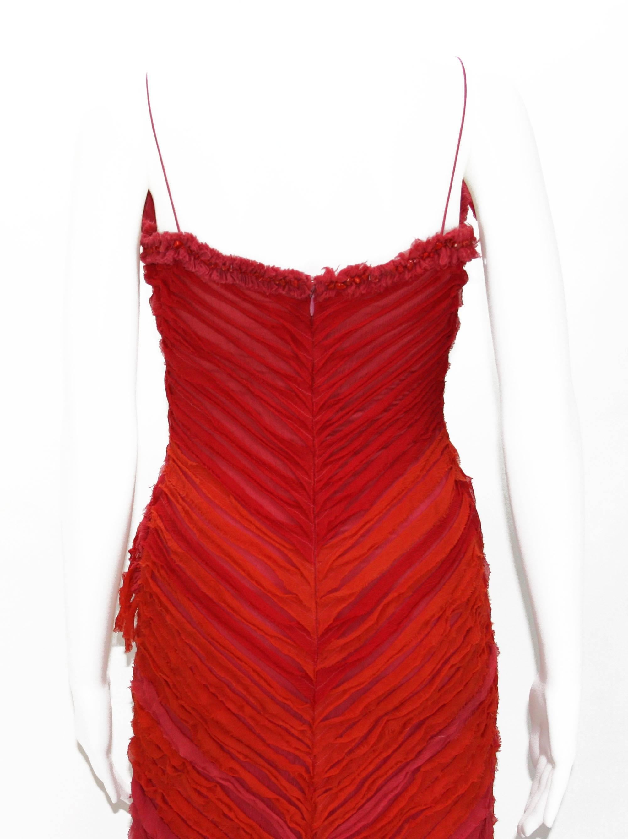 Naeem Khan Red Silk Coral Embellished Fringe Long Dress 6 In Excellent Condition For Sale In Montgomery, TX