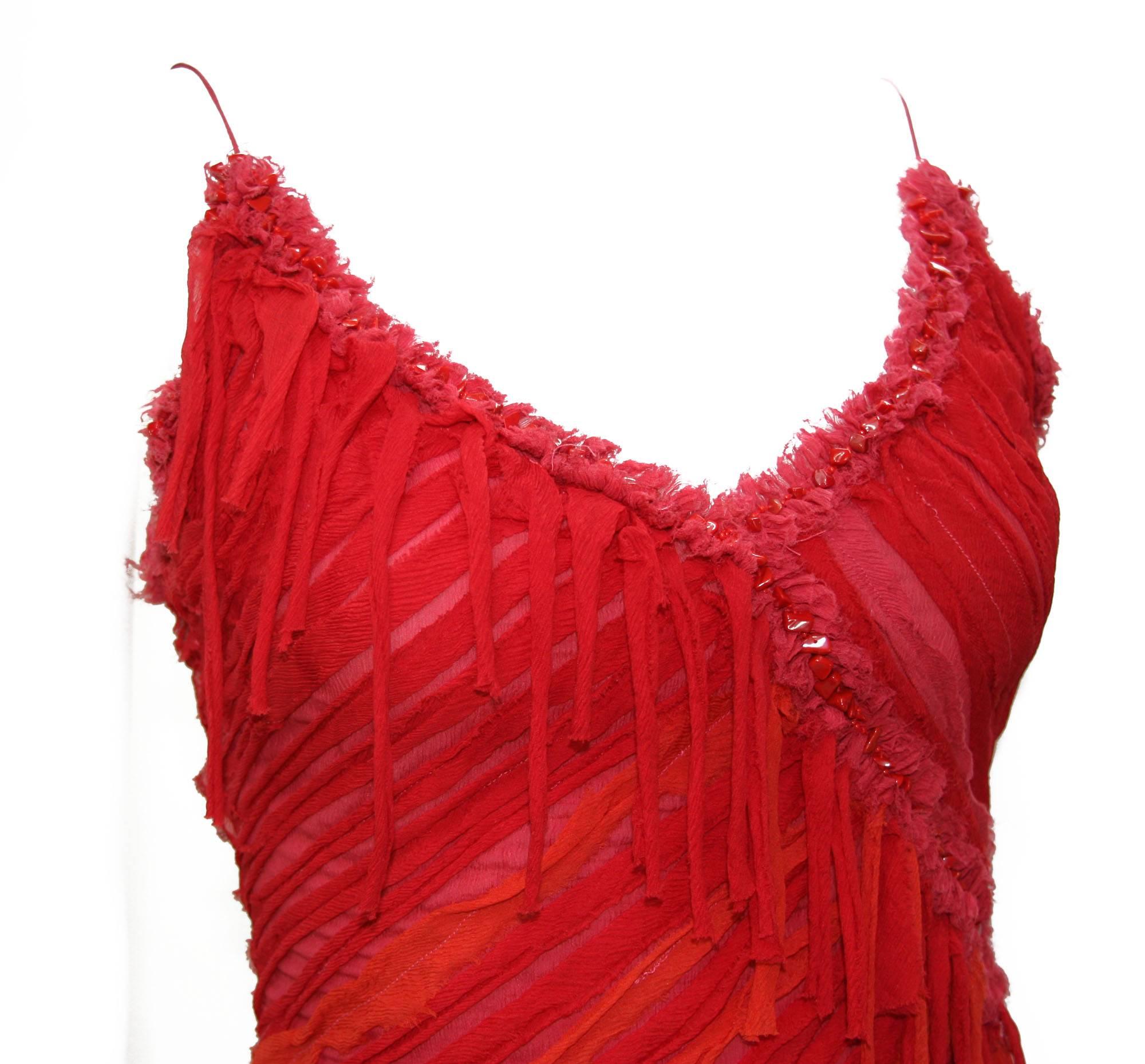 Women's Naeem Khan Red Silk Coral Embellished Fringe Long Dress 6 For Sale