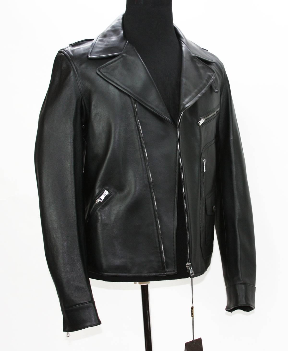 Noir GUCCI - Veste motard en cuir noir pour homme, taille IT 52 - US 42, état neuf en vente