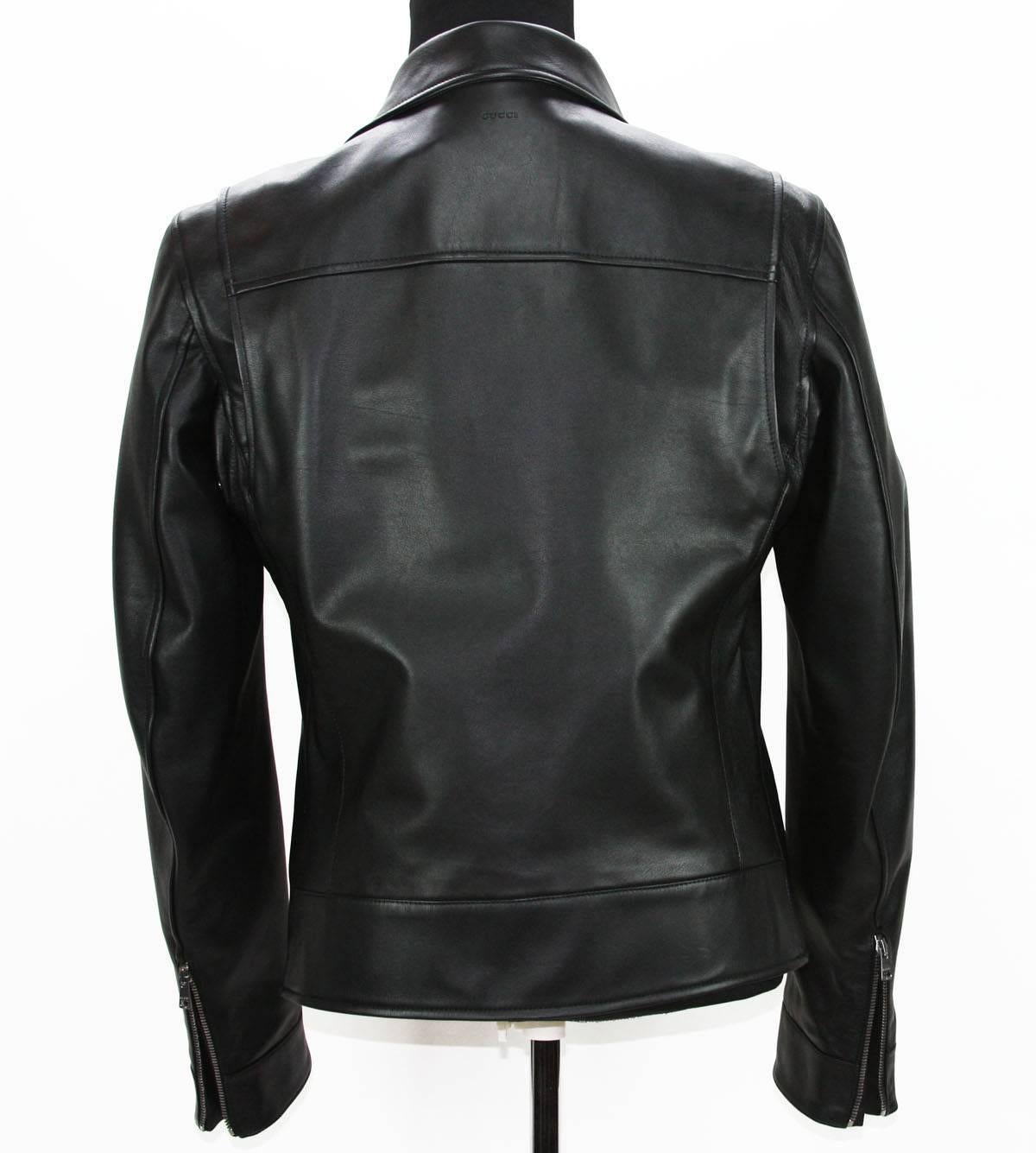 New GUCCI Men's Black Leather Moto Biker Jacket It. 52 - US 42 For Sale 2
