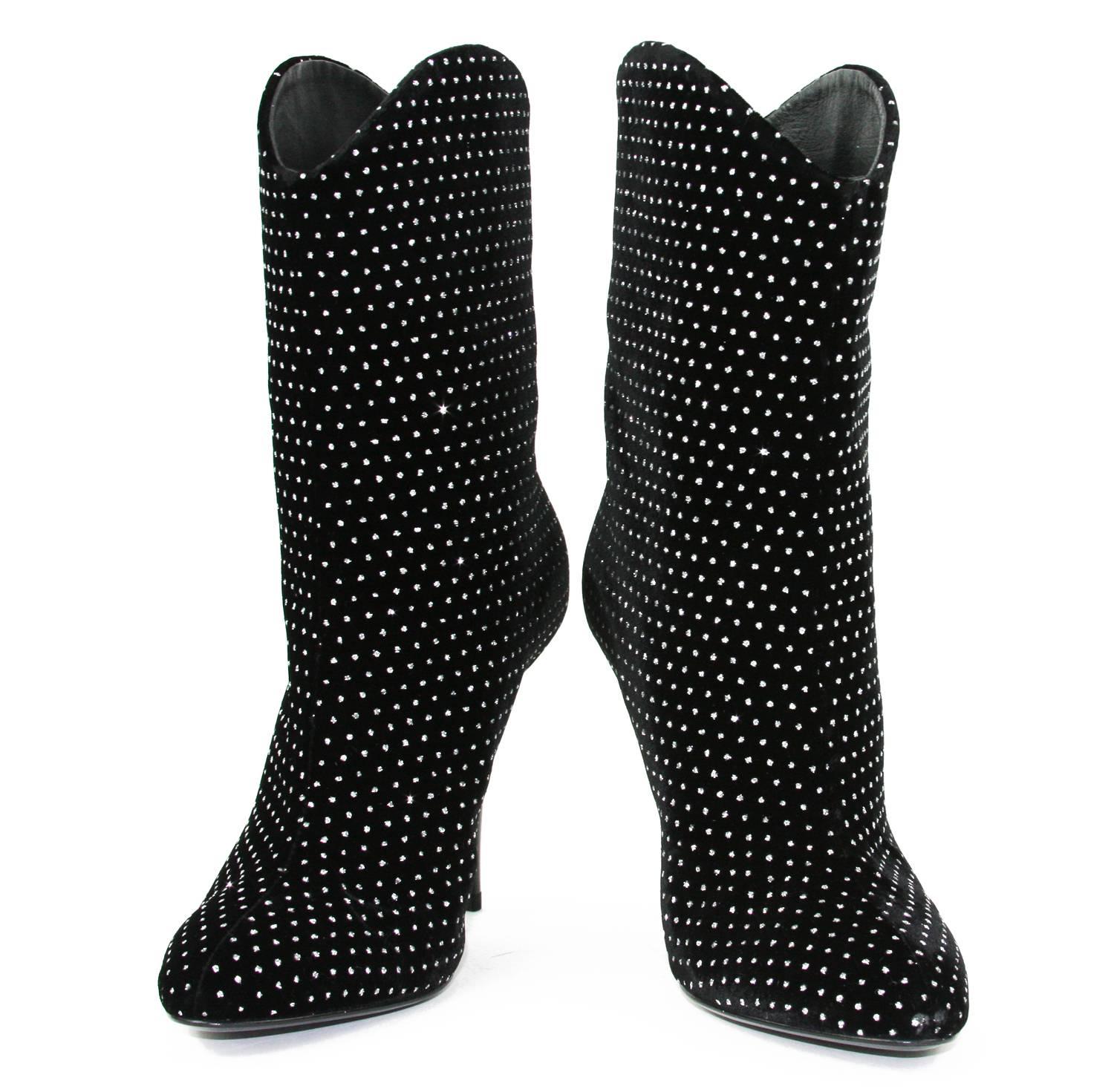 New GIUSEPPE ZANOTTI Fully Crystal Embellished Velvet Black Boots It 36 - US 6 1