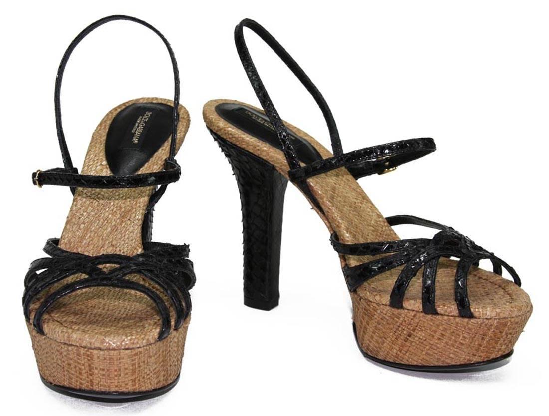 New DOLCE & GABBANA Python Raffia Shoes Sandals
Italian Size 36 - US 6
Color - Black/Tan
Python Leather Upper
Raffia (STRAW) Design Platform and Lining
Open Toe Line, Strappy Sandals
Gold-Tone Hardware,  Buckling Closure
Heel Height- 4.5 inches