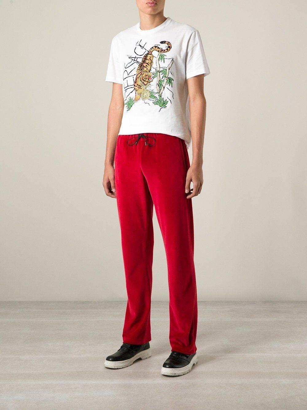 New Versace Medusa Men's Red Velvet Sweatpants Black Leather Trim sizes M, L In New Condition In Montgomery, TX