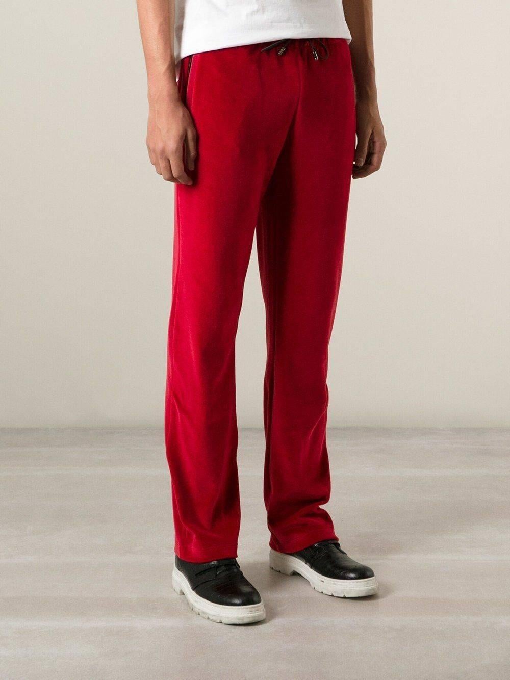 New Versace Medusa Men's Red Velvet Sweatpants Black Leather Trim sizes M, L 1