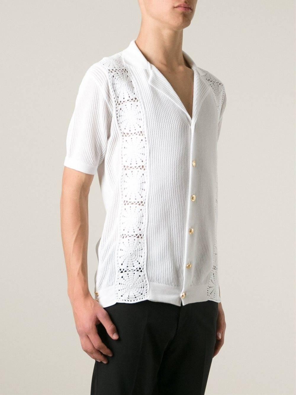 Neu $1875 Versace Herren Weißes Baumwoll-Makrame-Hemd Strickjacke Italienisch 54, 50 (Grau) im Angebot