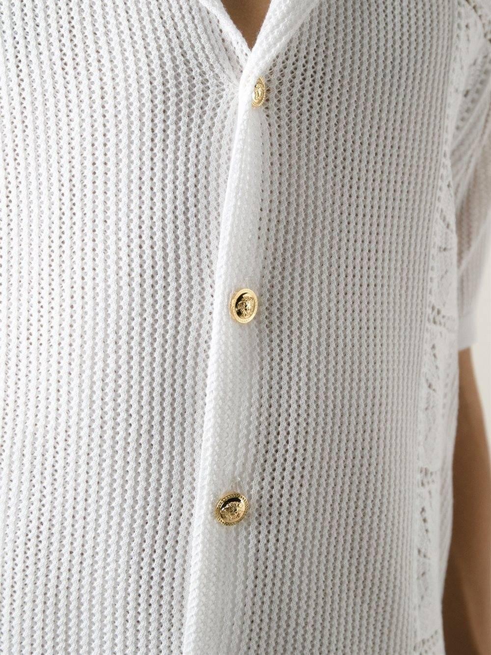 Neu $1875 Versace Herren Weißes Baumwoll-Makrame-Hemd Strickjacke Italienisch 54, 50 im Zustand „Neu“ im Angebot in Montgomery, TX