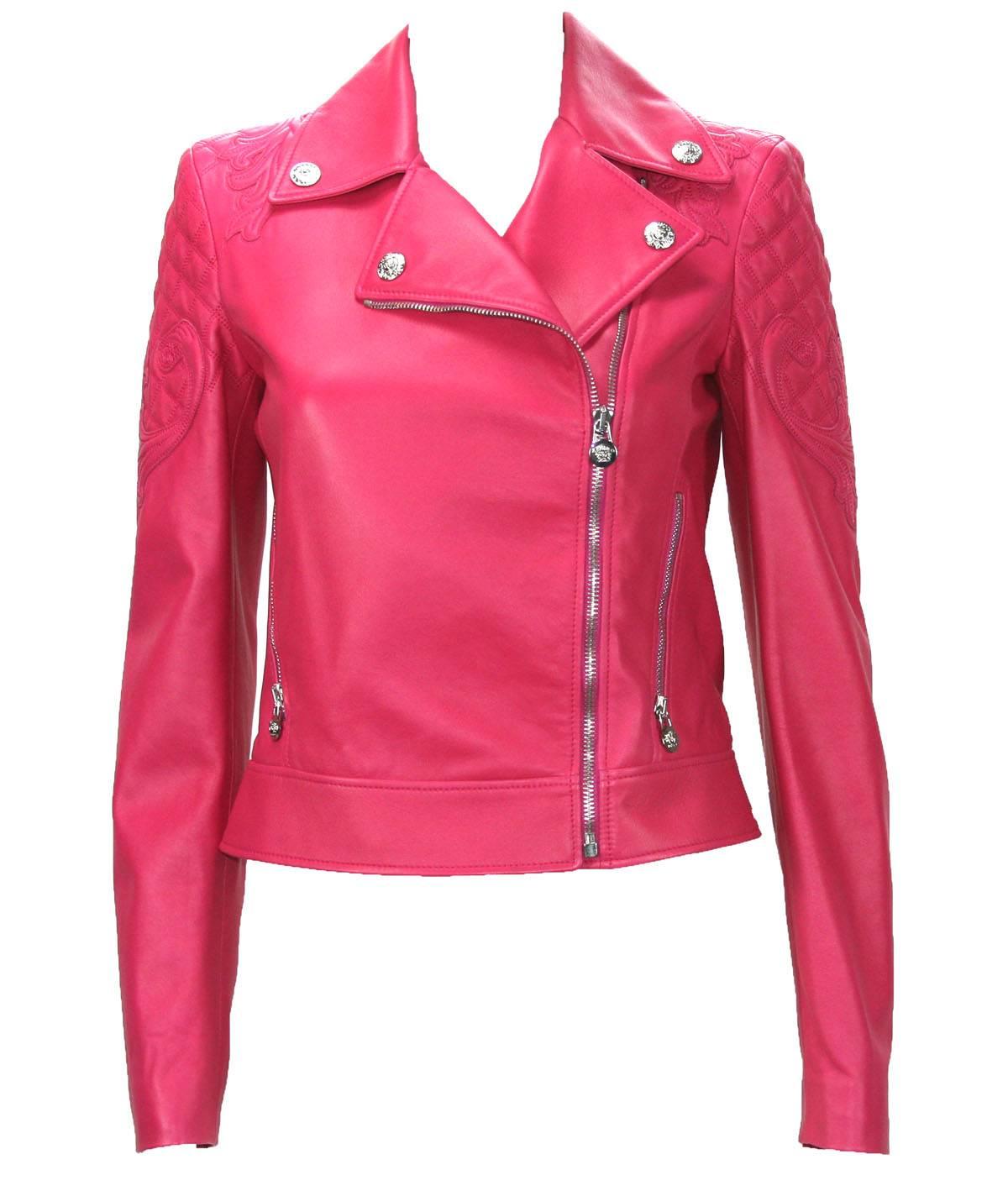 New Sexy and Hot VERSACE Vanitas Barocco Leather Moto Jacket
Italian Size - 38
Color - Hot Pink
100% Soft Leather, Quilted Swirl Design, Front Zipper Closure, Two Side Zip Pockets.
Fully Lined in Designer Logo Fabric, VERSACE Silver Tone Metal