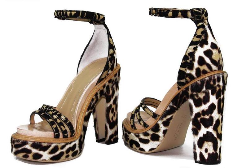 New GIVENCHY Pony Hair Leopard Print 2x Platform Shoes Sandals It 38.5 ...