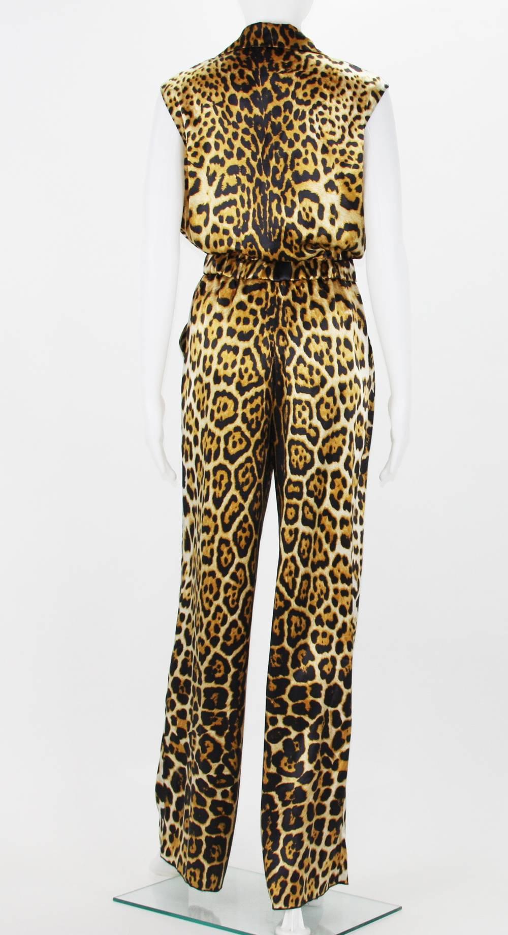 Brown Yves Saint Laurent Silk Leopard Print Jumpsuit Fr. 36 - US 4/6