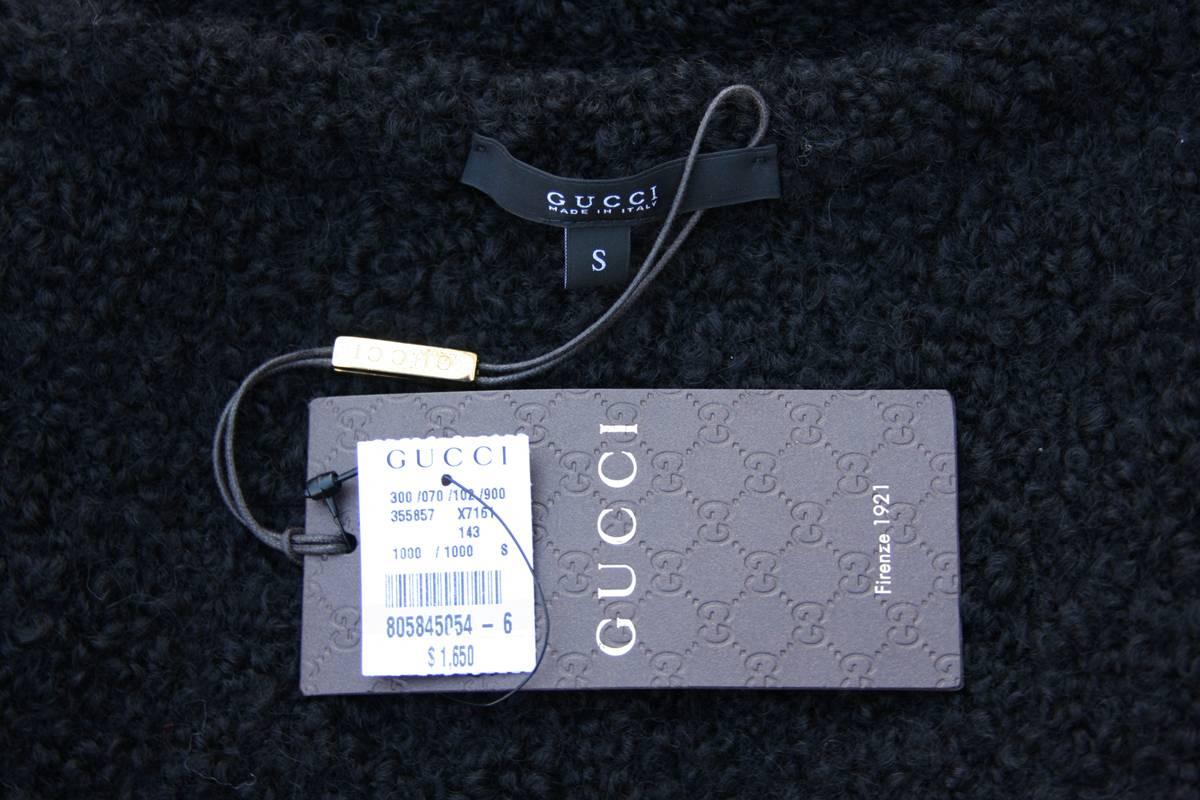 Women's New $1630 GUCCI Boucle Wool Alpaca Black Knitted Sweater w / Leather Cuffs M (L)