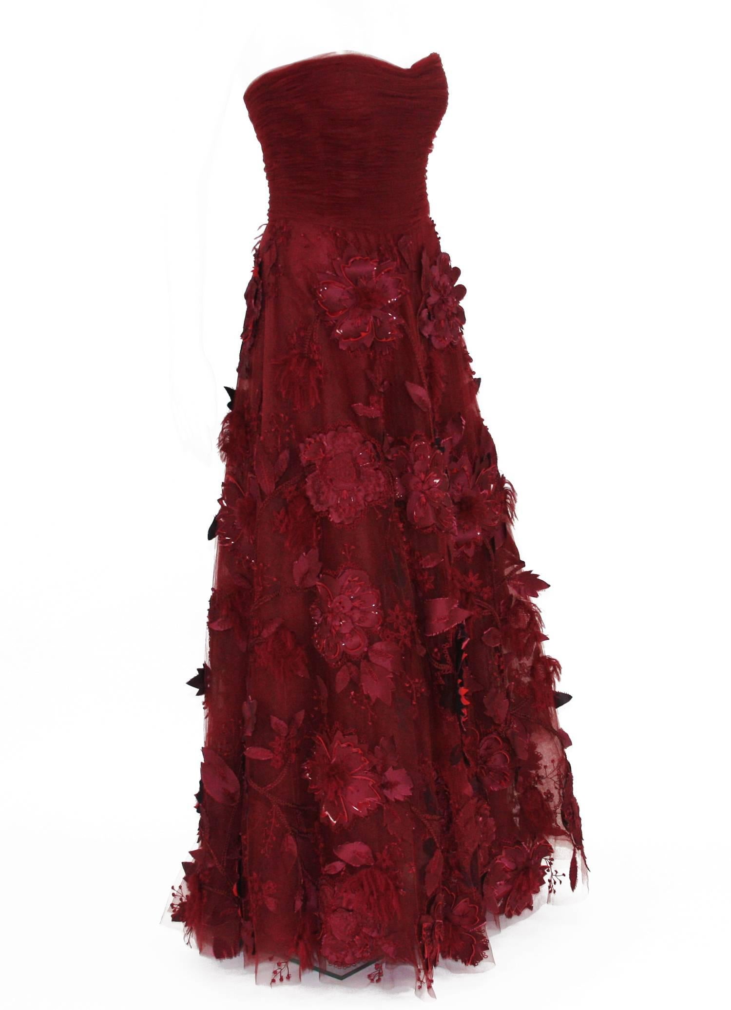 Black Oscar de la Renta Corset Bordeaux Tulle Leather 3D Floral Embellished Gown 