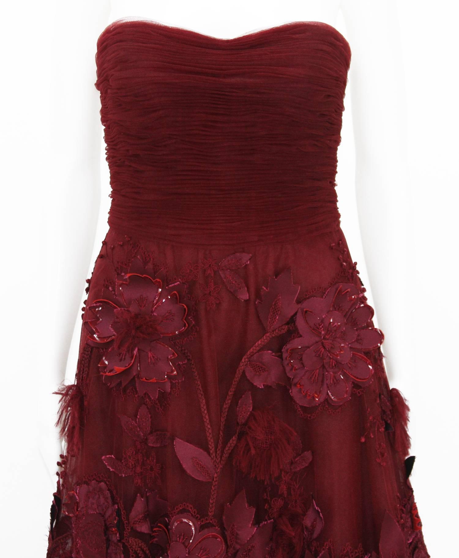 Oscar de la Renta Corset Bordeaux Tulle Leather 3D Floral Embellished Gown  1