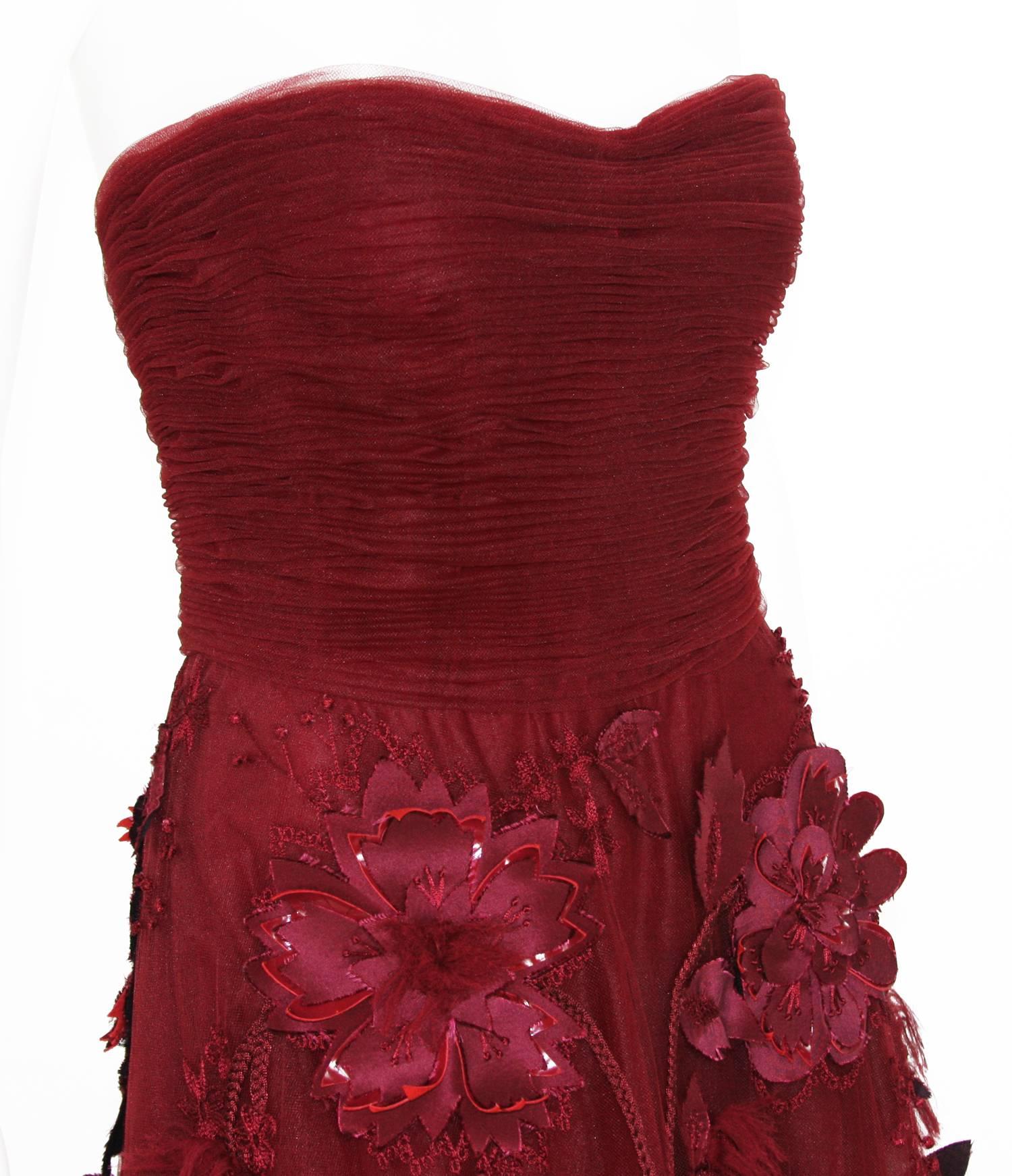 Oscar de la Renta Corset Bordeaux Tulle Leather 3D Floral Embellished Gown 2