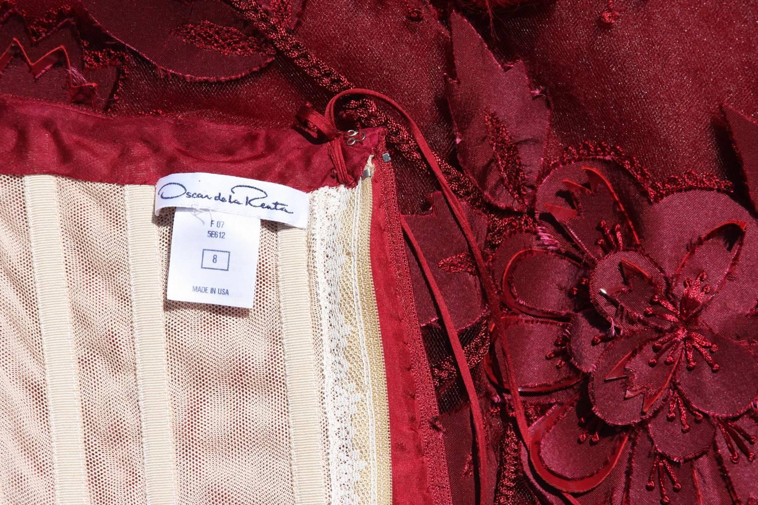 Oscar de la Renta Corset Bordeaux Tulle Leather 3D Floral Embellished Gown  5