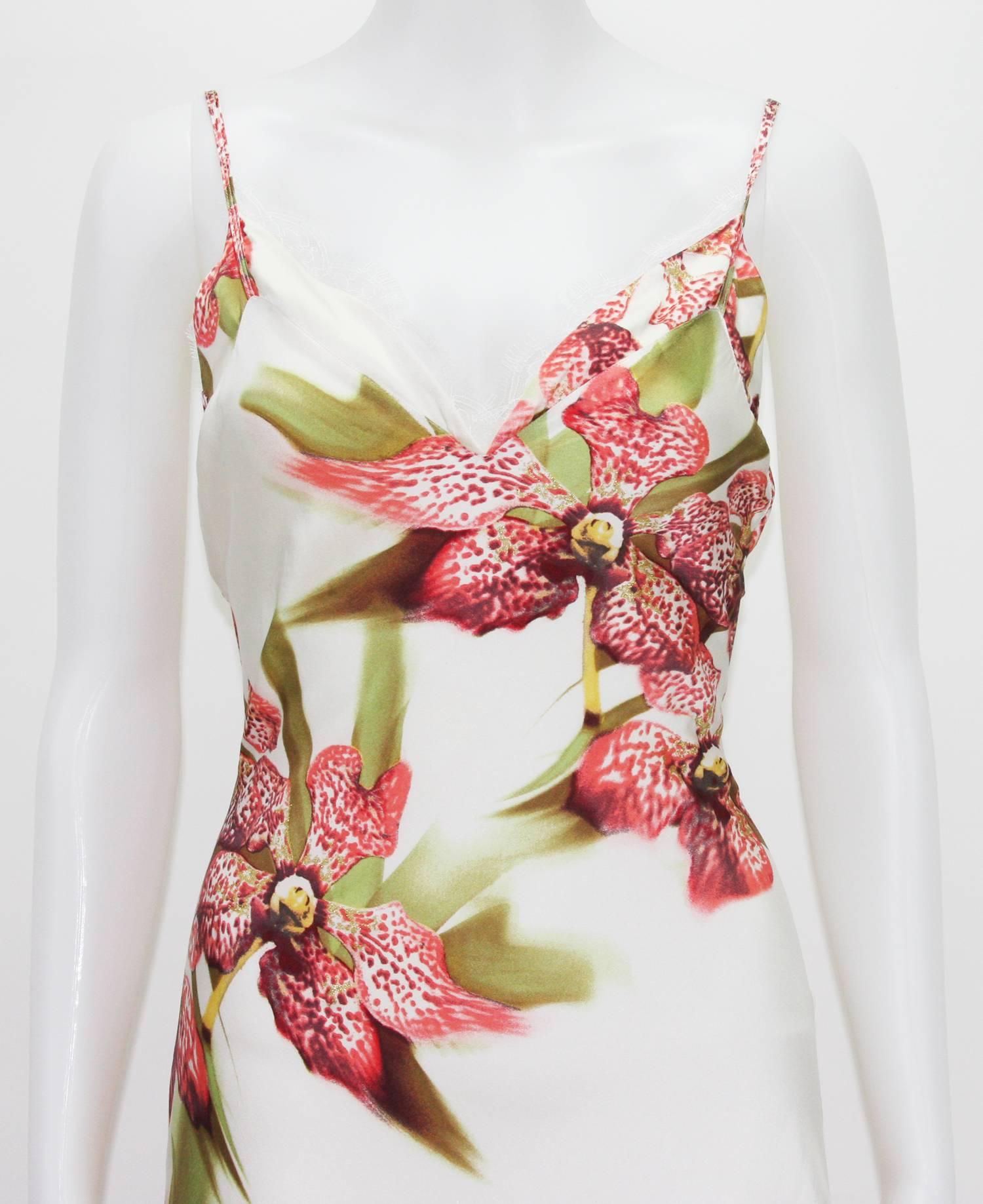 Beige Roberto Cavalli Orchid Flowers Silk Metallic Accent Lace Long Dress It. M