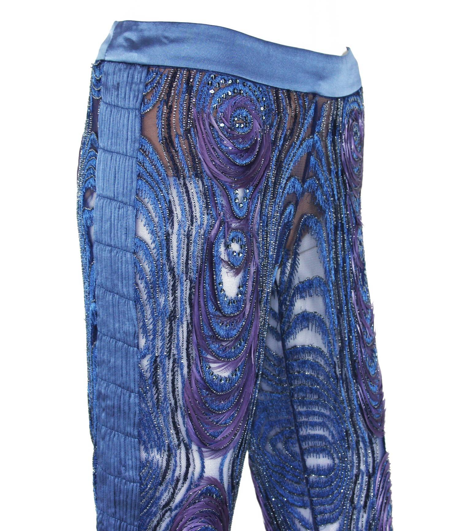 Women's New Tom Ford for Gucci Sexy Blue Peacock Feather Sequin Embroidered Pants It 40