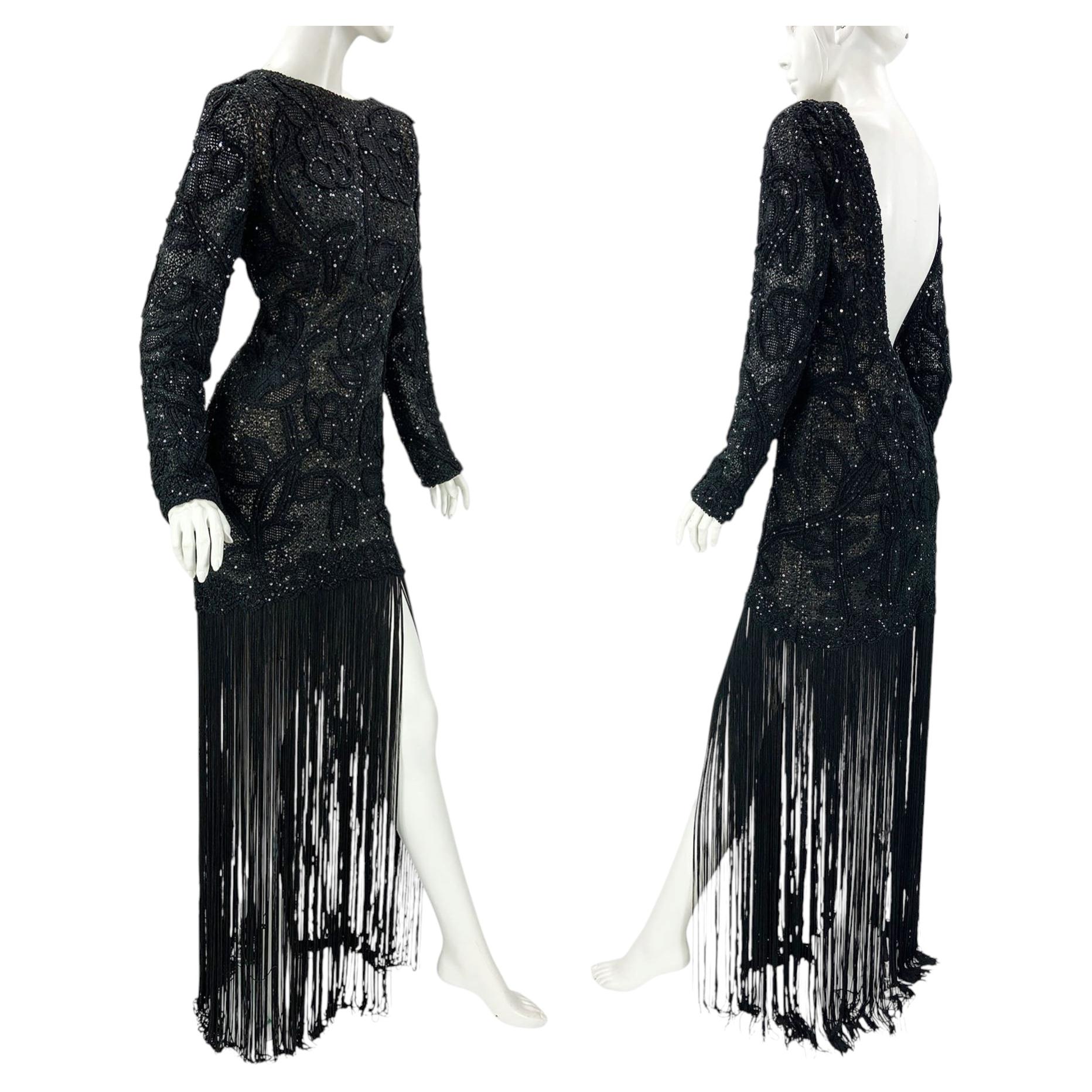Oscar de la Renta SS 2019 Runway Red Carpet Sequined Open-Back Fringe Dress 12 For Sale