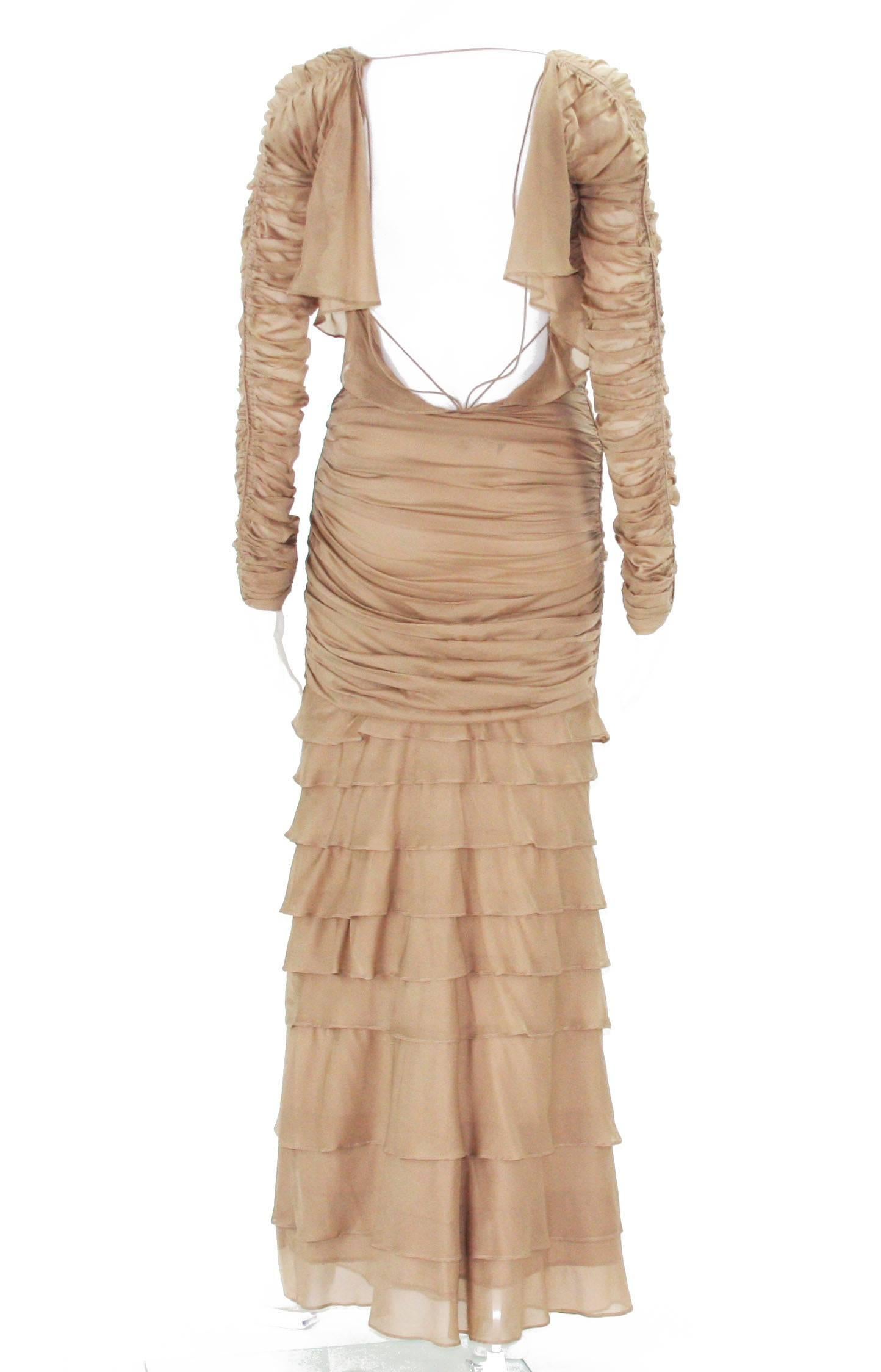 Brown Tom Ford for Gucci S/S 2003 Collection Nude Silk Stretch Open Back Dress Gown S