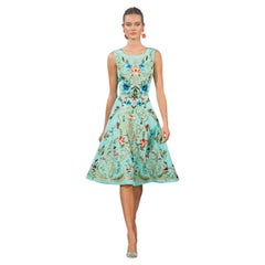 Oscar de la Renta SS 2014 Runway Aqua Silk Faille Bullion Embroidered Dress US 4