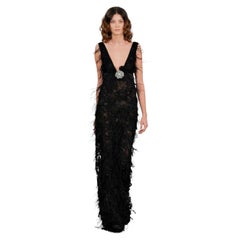 Oscar de la Renta Runway 2013 Black Lace Feather Beaded Sequin Evening Gown US 8