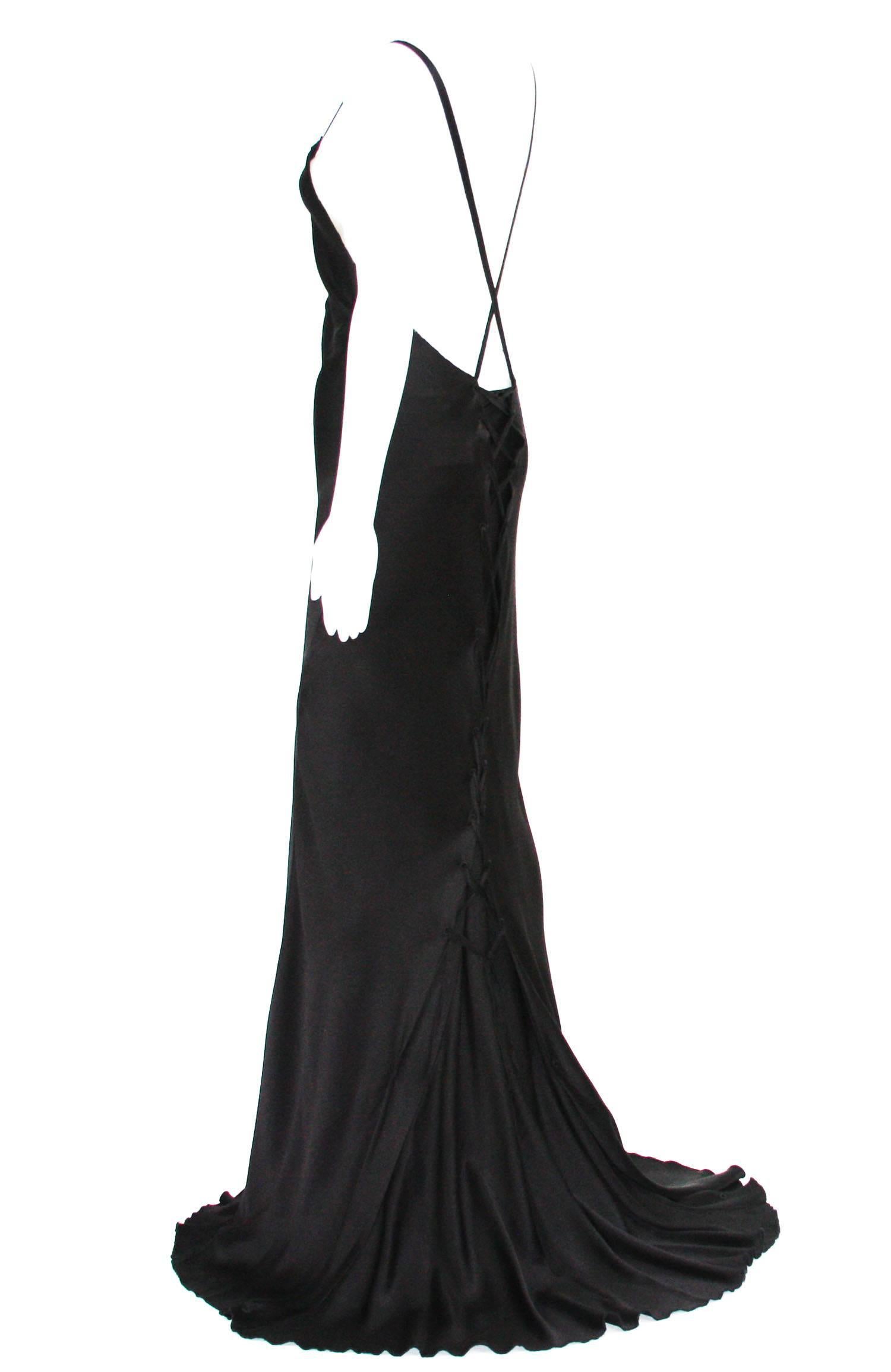 Tom Ford for Gucci F/W 2002 Collection Black Silk Lace-Up Dress Gown It 38 In Excellent Condition For Sale In Montgomery, TX