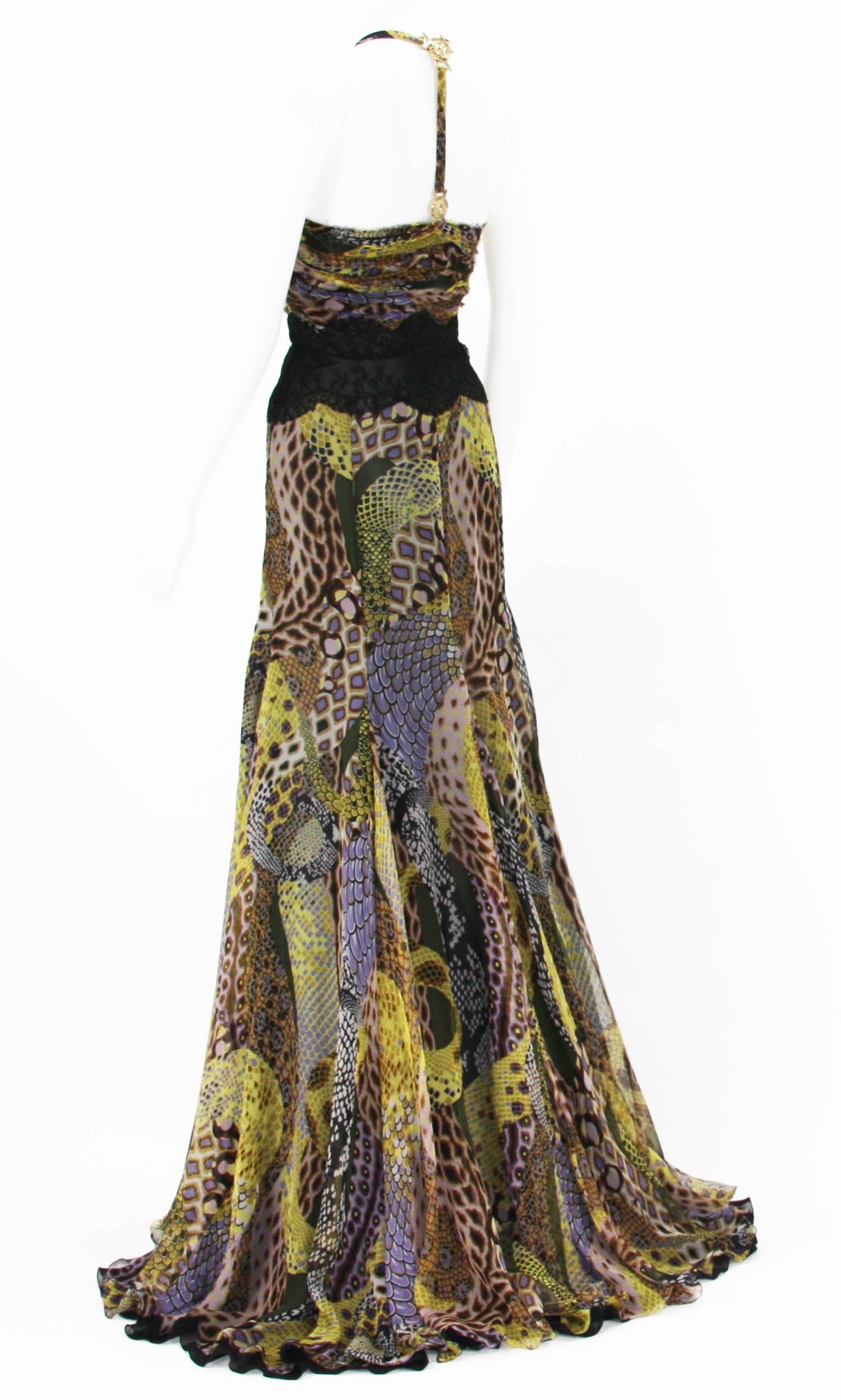 Black Versace 2005 Silk Snake Print Sheer Lace Medusa Embellished Dress Gown For Sale