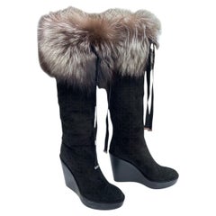 Christian Dior x John Galliano Black Cannage Suede Wedge Boots with Fox Fur 39.5