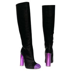 New Tom Ford Black Velvet Metallic Purple Heel Beaded Toe Boots Italian 37