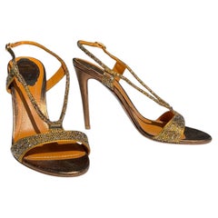 NWT Rene Caovilla Sandalen aus goldenem Leder mit Kristallverzierung, italienische Größe 36, US-Größe 6