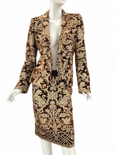 New Vintage Roberto Cavalli FW 2006 Brown Velvet & Gold Baroque Skirt Suit 42/40