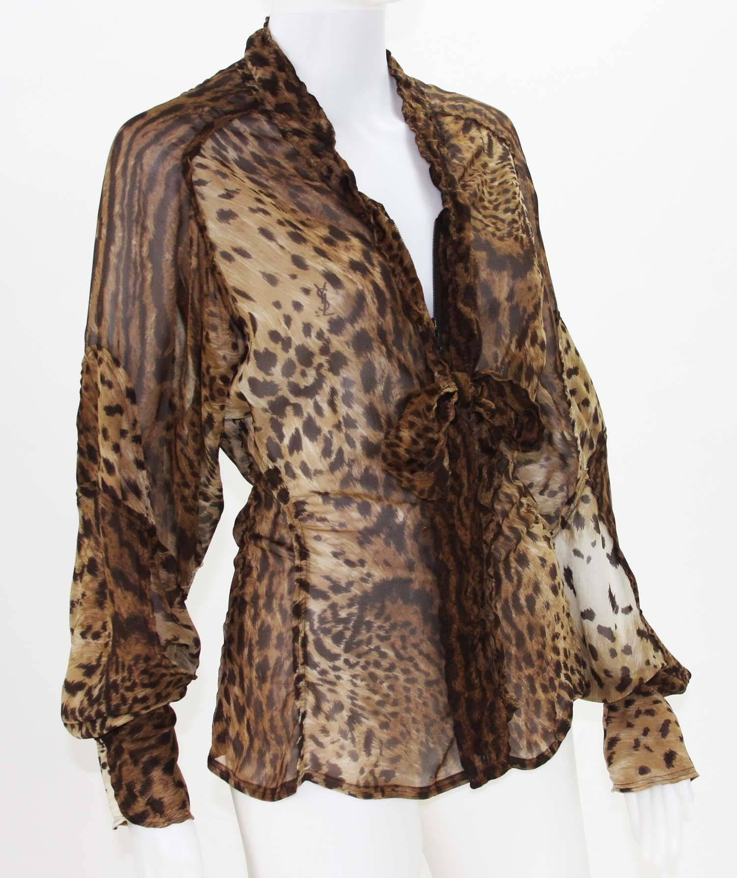 Tom Ford for Yves Saint Laurent S/S 2002 Safari Collection Leopard Silk Top F 38 In Excellent Condition For Sale In Montgomery, TX