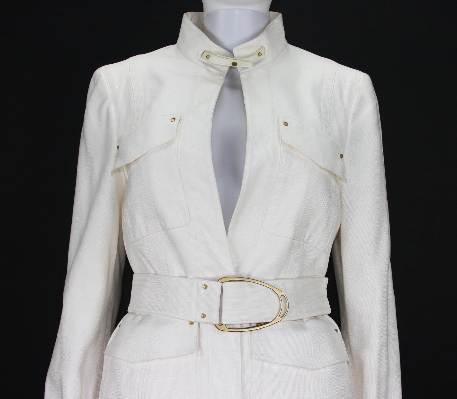 Gray Tom Ford for Gucci 2003 Collection Safari White Cotton Belted Pant Suit 44