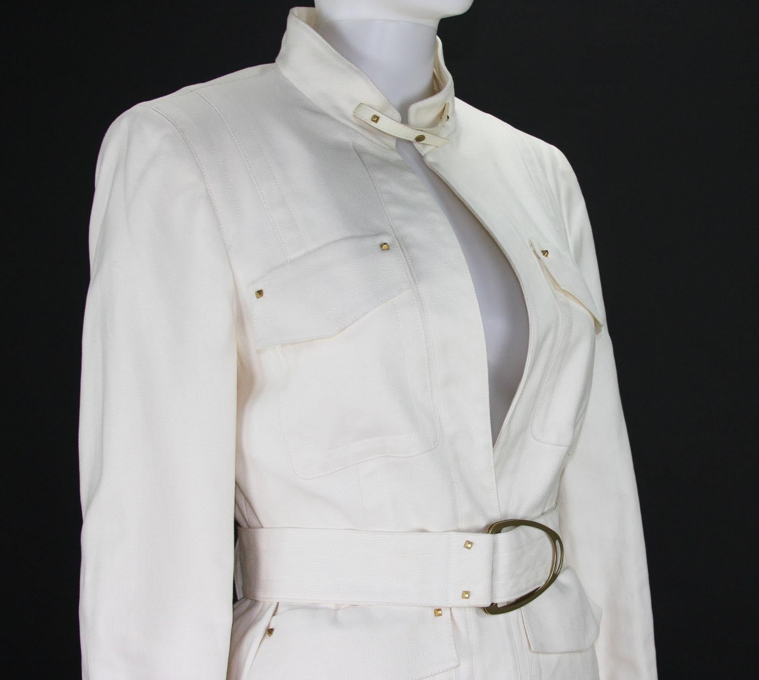 Tom Ford for Gucci 2003 Collection Safari White Cotton Belted Pant Suit 44 In Excellent Condition In Montgomery, TX