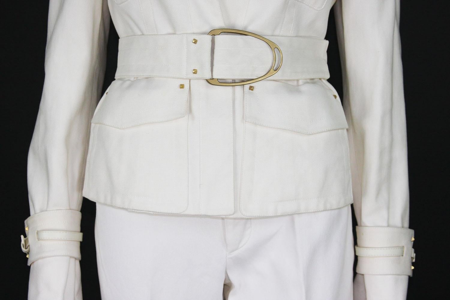 Tom Ford for Gucci 2003 Collection Safari White Cotton Belted Pant Suit 44 1