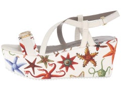 New Versace Sea Stars Print White Leather Textile Wedge Sandals It.39 - US 9