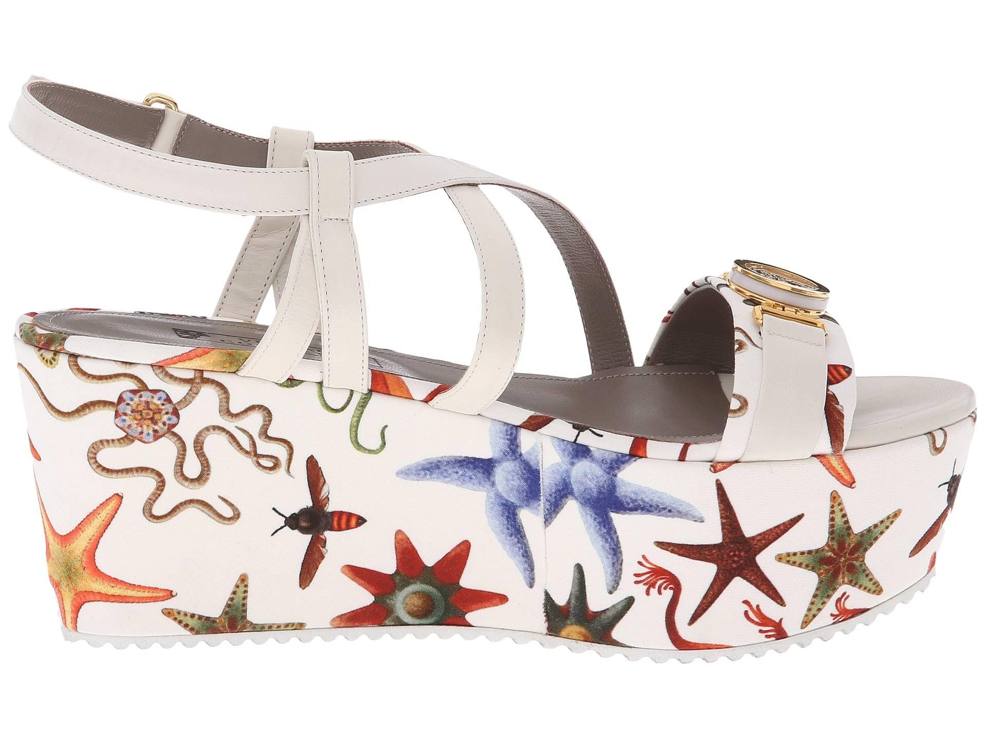 Gray New Versace Sea Stars Print White Leather Textile Wedge Sandals It.39 - US 9