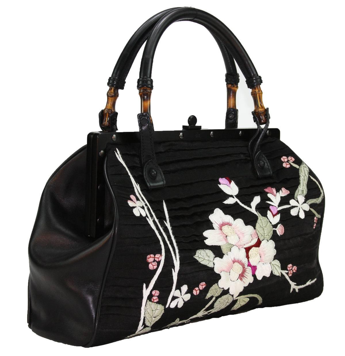 TOM FORD for GUCCI BLACK SILK FRAME JAPANESE FLOWERS BAG