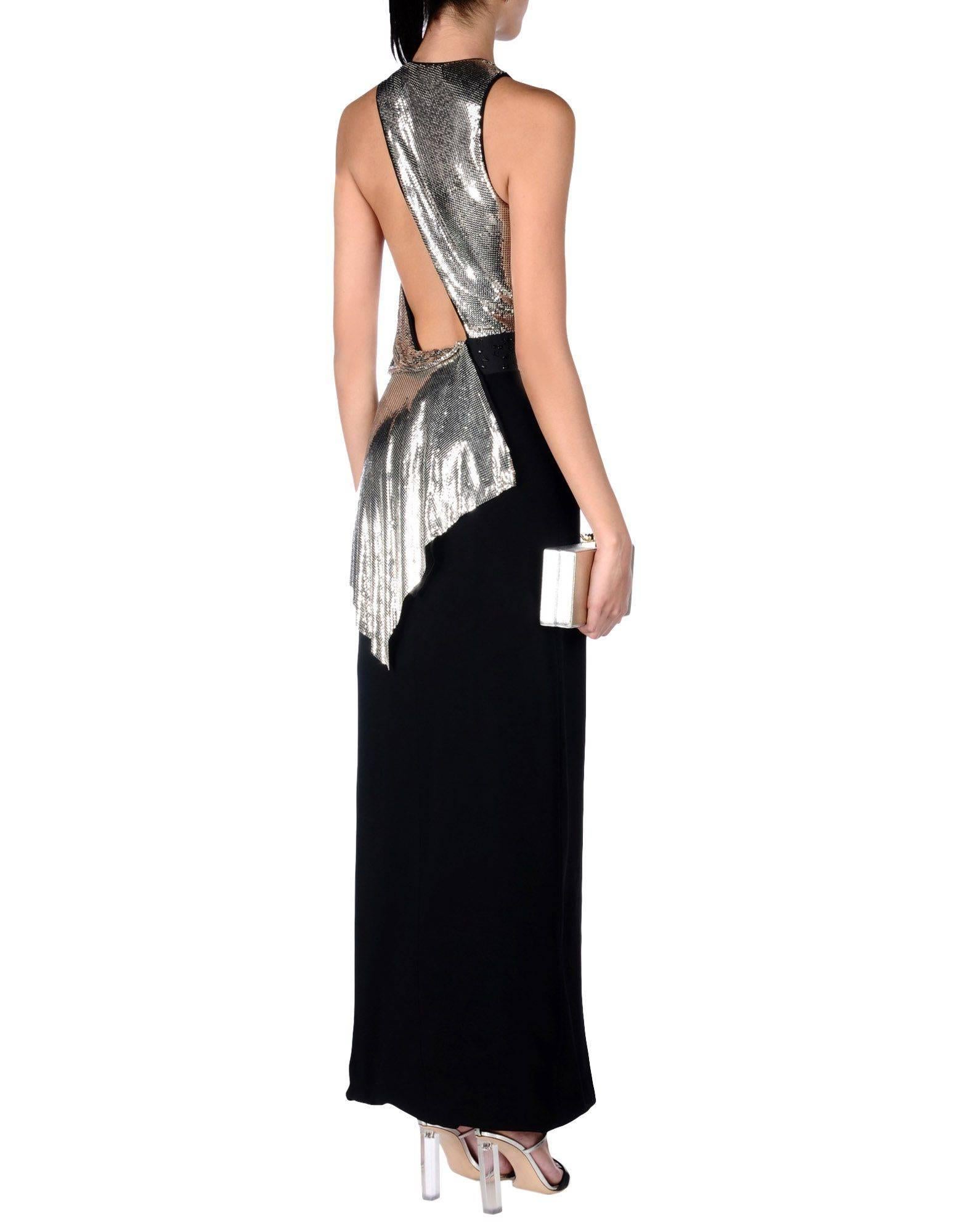New Versace Silver Metallic Mesh Cut Out Black High Slit Gown It sizes 42 For Sale 1