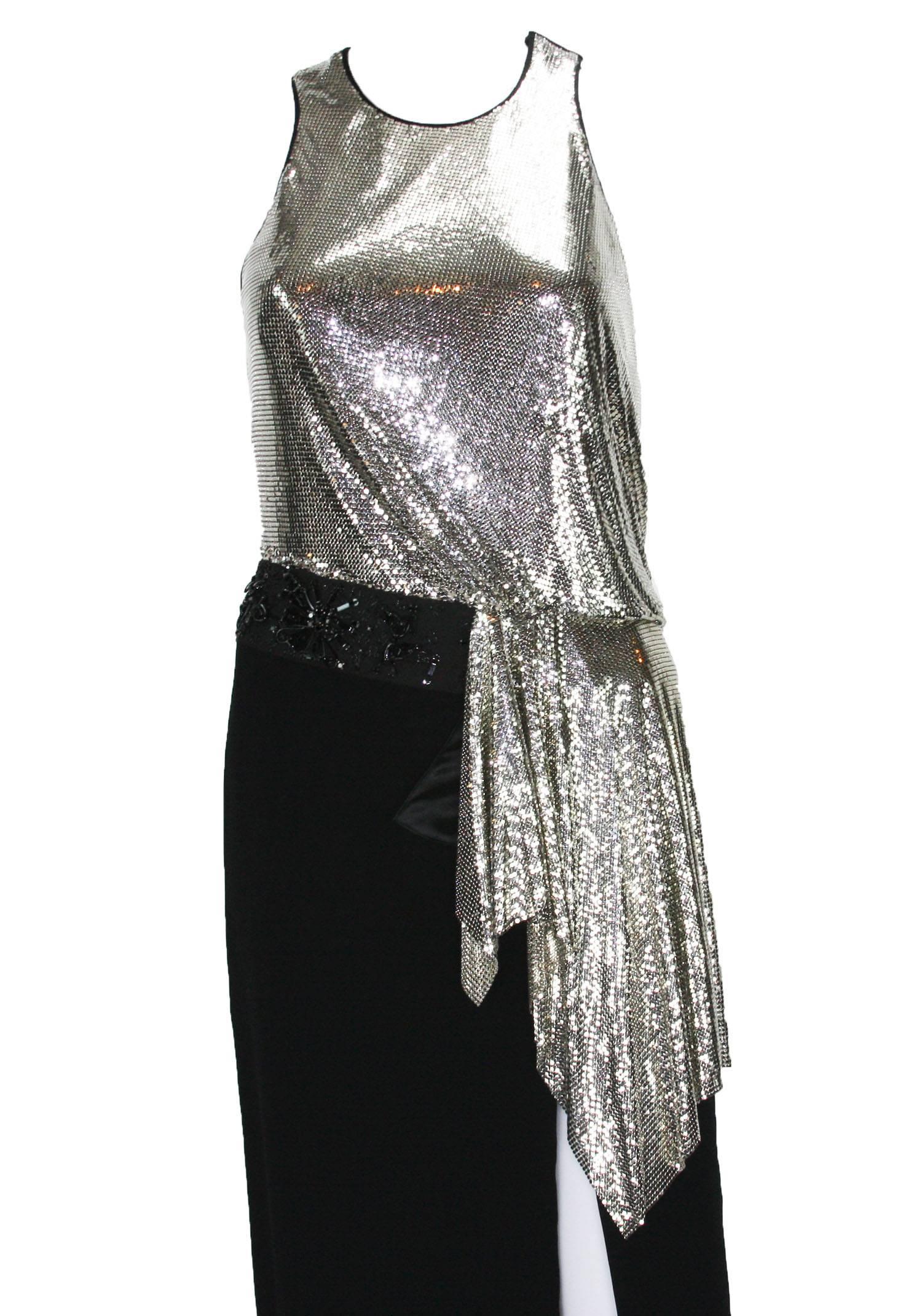 New Versace Silver Metallic Mesh Cut Out Black High Slit Gown It sizes 42 For Sale 3