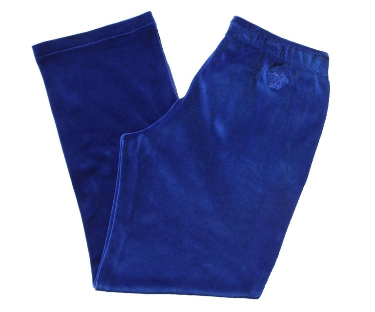 New Versace Medusa Logo Men's Blue Velvet Sweatpants Black Leather Trim