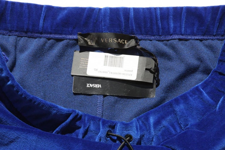 New Versace Medusa Logo Men's Blue Velvet Sweatpants Black Leather Trim