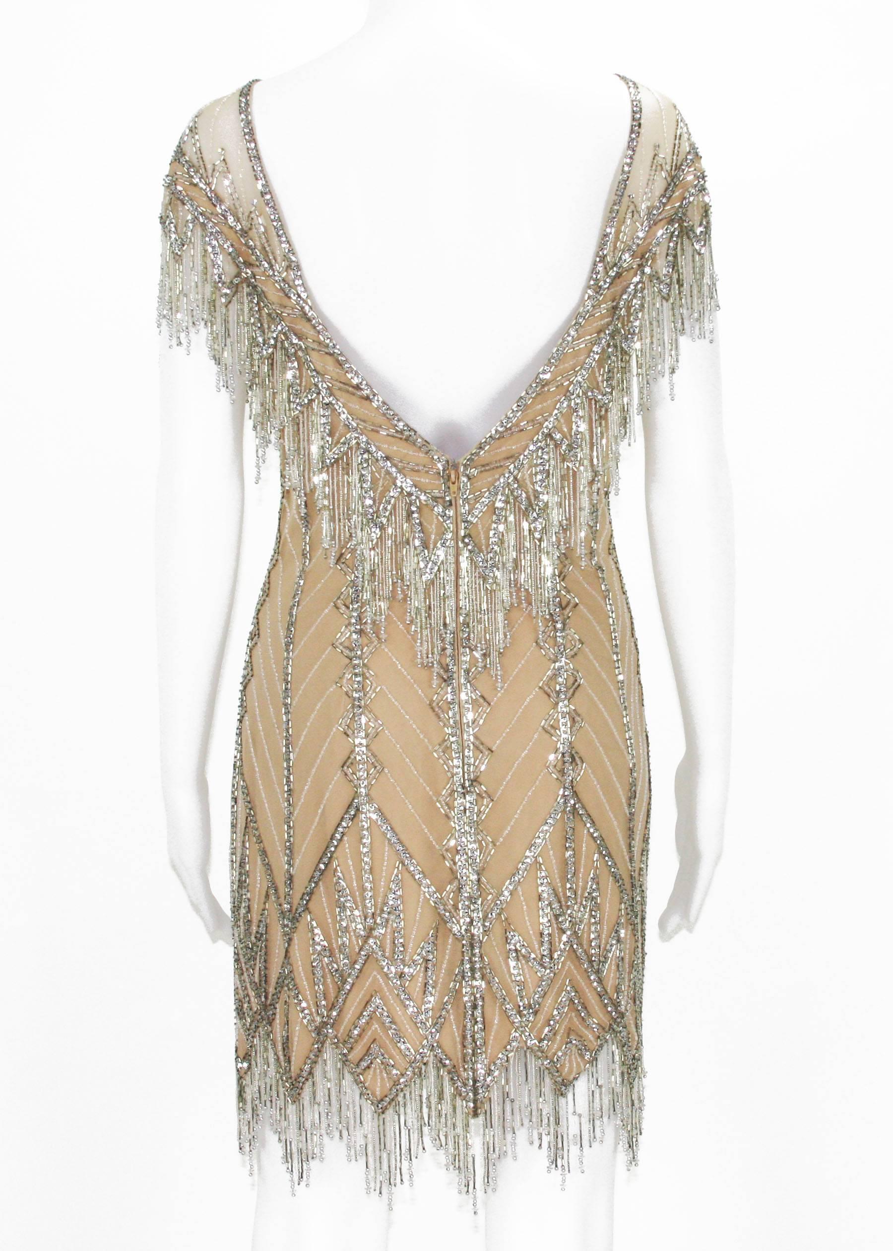 Bob Mackie F/W 1991 Nude Mini Fully Beaded Fringe Dress  In Excellent Condition In Montgomery, TX