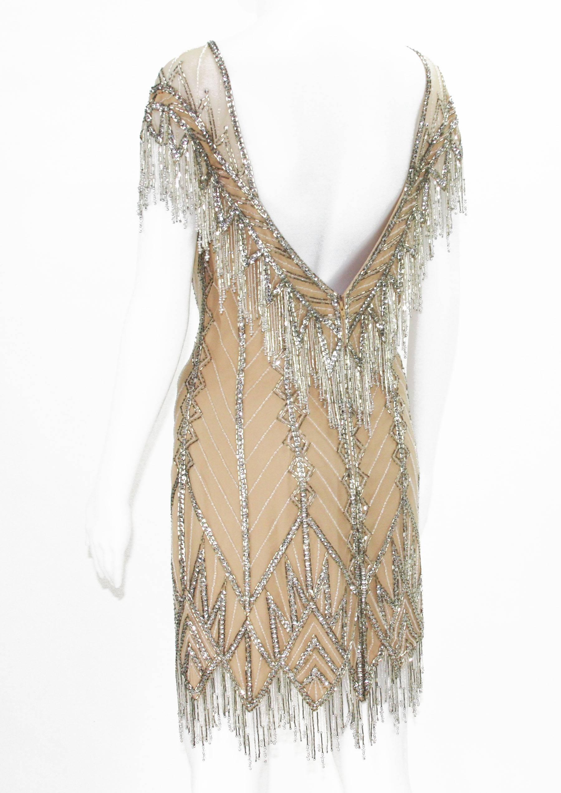 Women's Bob Mackie F/W 1991 Nude Mini Fully Beaded Fringe Dress 