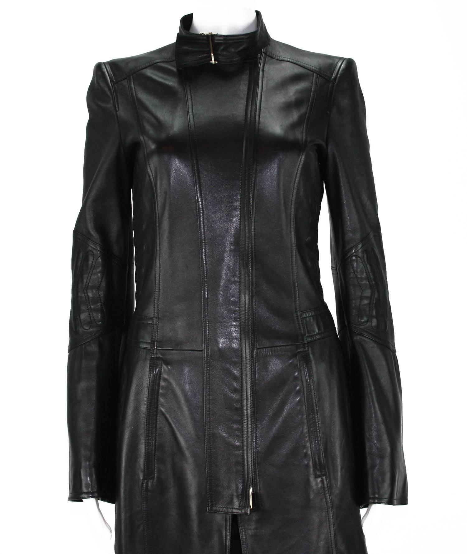 F/W 2004 Tom Ford for Gucci Chevron Quilting Black Soft Leather Coat It 40  US 4 In Excellent Condition For Sale In Montgomery, TX