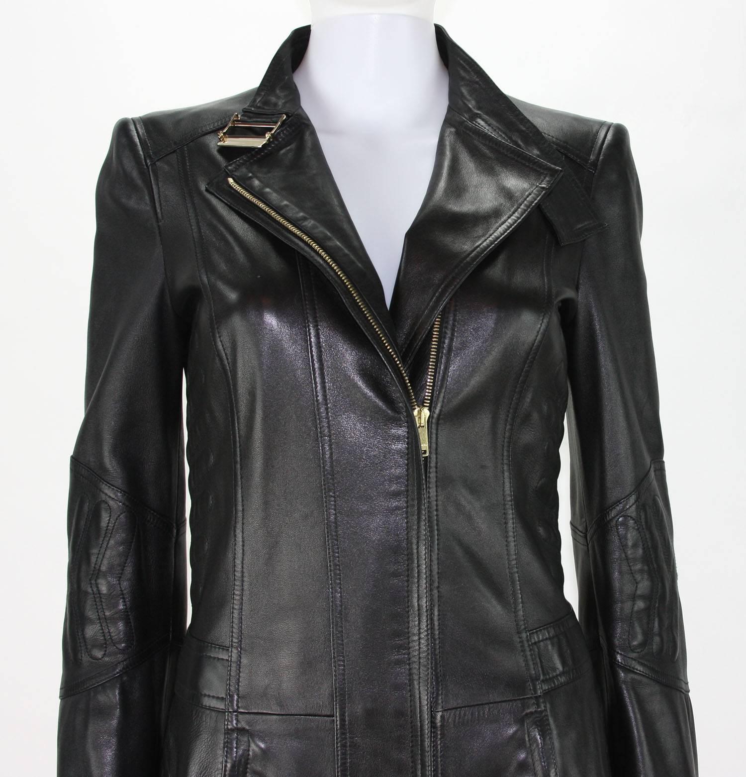 F/W 2004 Tom Ford for Gucci Chevron Quilting Black Soft Leather Coat It 40  US 4 For Sale 1