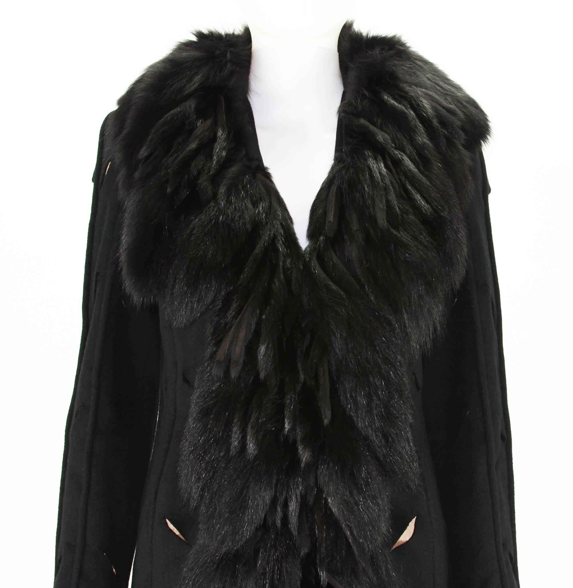 Very Unique Versace Fox Embellished Cut Out Details Black Angora Coat It. 38 In Excellent Condition For Sale In Montgomery, TX
