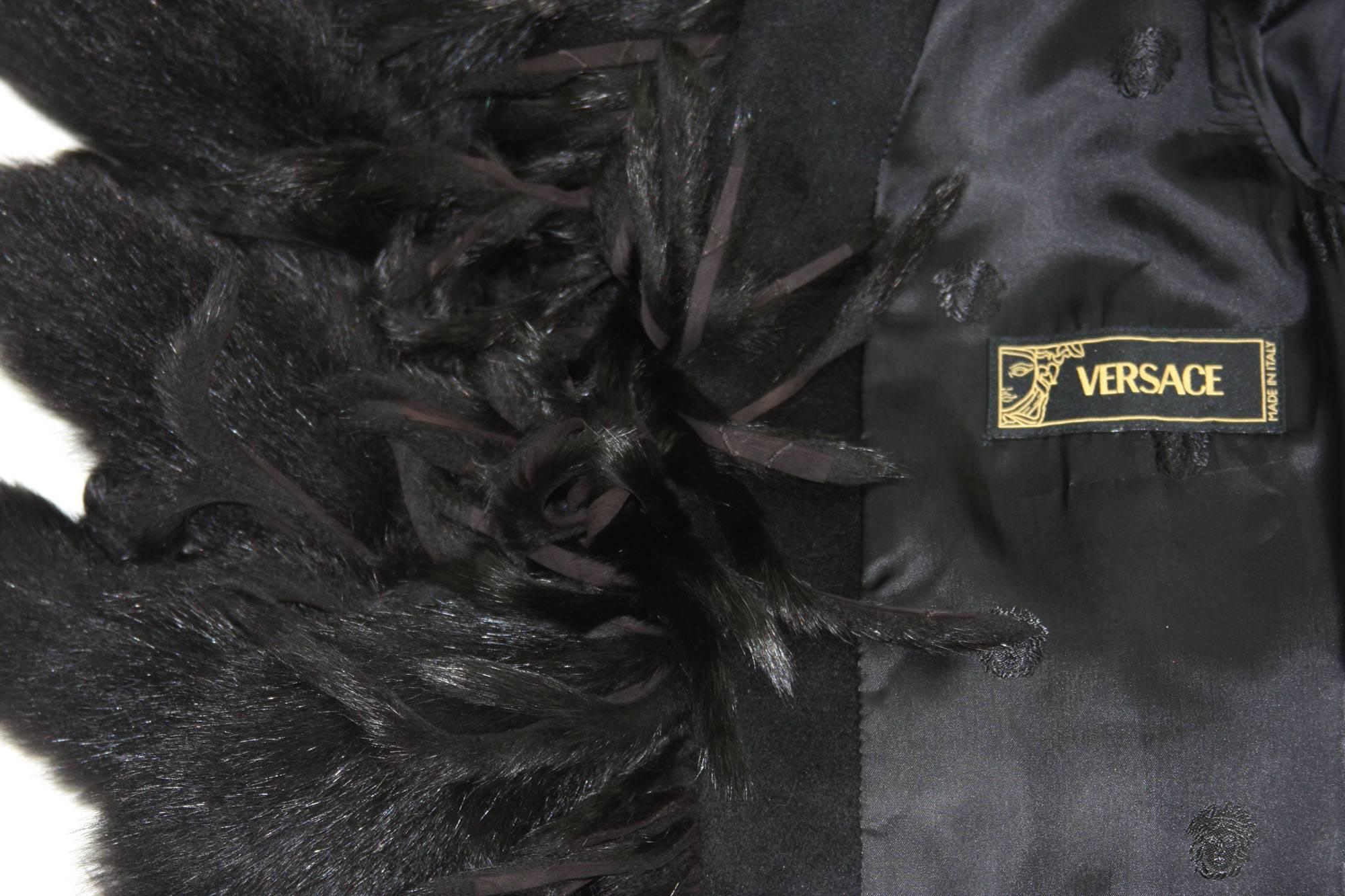 Vintage FW 2003 Versace Fox Embellished Cut Out Details Black Angora Coat It. 38 3